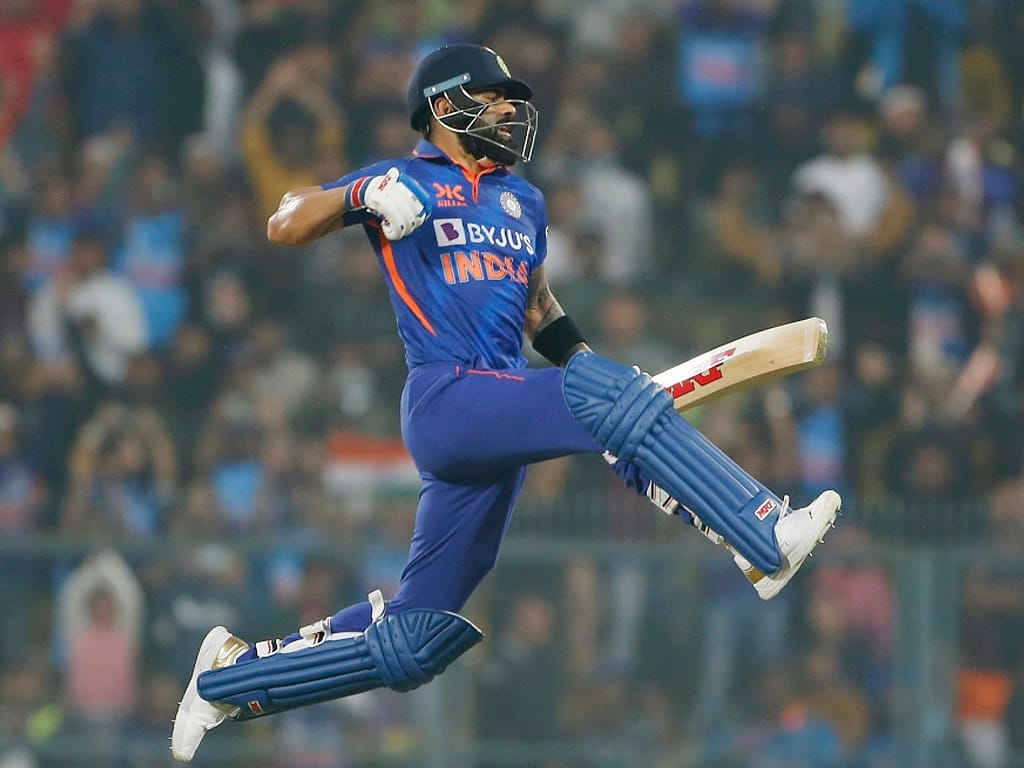 Virat Kohli celebrates his 50th ODI Century